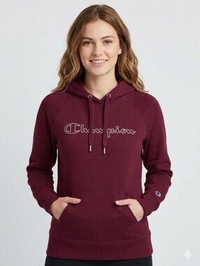 Champion Burgundy Raglan Hoodie Fleece Embroidered Logo, Size Medium